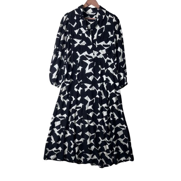 Zara Midi Dress Black & Cream Abstract Print Viscose Button Front Long Sleeve S - Picture 8 of 12